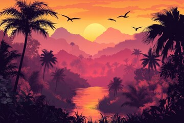 Obraz premium Vibrant Tropical Sunset Over Silhouetted Mountains and Jungle