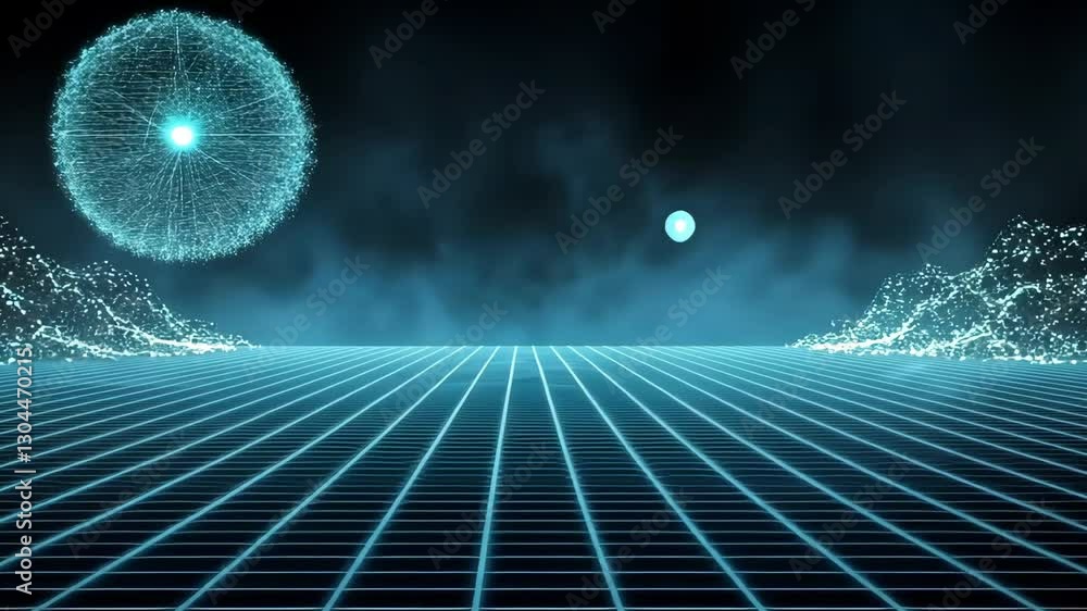 Poster dynamic blue wave grid terrain with dotted texture under a dark starry backdrop