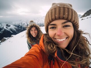 happy Friends enjoying snow on background of mountains. having fun spending winter vacation in mountains Travel in winter