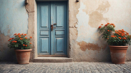Naklejka premium A rustic blue door is flanked by vibrant orange flowers in terracotta pots on a weathered street.