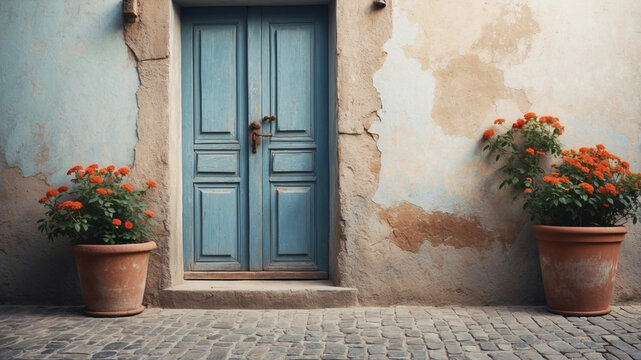 A rustic blue door is flanked by vibrant orange flowers in terracotta pots on a weathered street.