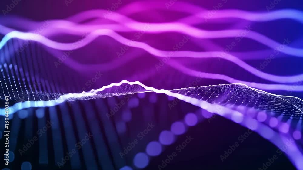 Poster dynamic purple and blue wave pattern with dotted texture on a dark digital backdrop