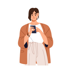 Obraz premium Woman holding mobile phone in hand. Female using smartphone, browsing internet, texting, messaging online. Happy person looking on cellphone. Flat vector illustration isolated on white background