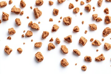 Obraz premium Scattered brown sugar pieces on white background.