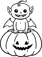 Fototapeta premium Cute baby bat creature sitting in halloween pumpkin