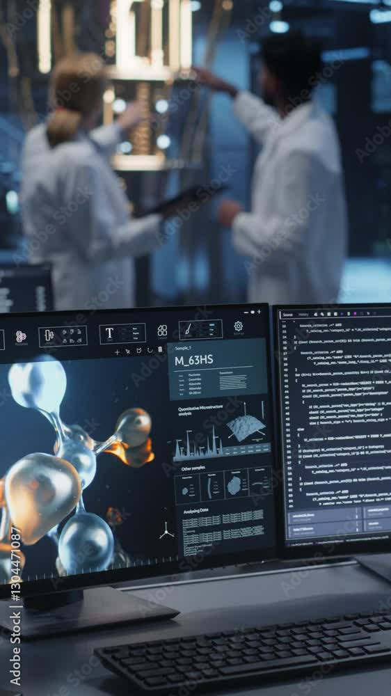 Poster vertical screen: empty office table with molecular modelling software working on a computer with two