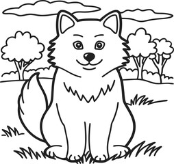 Obraz premium Cute fluffy dog in nature style, black and white illustration with trees and clouds