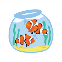 Cute Clownfish in Fishbowl with Seaweed and Bubbles