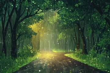 Obraz premium Tranquil Rainy Pathway Through Lush Forest with Soft Glowing Light