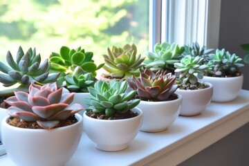 Obraz premium A cozy indoor scene featuring a variety of succulents in white pots on a sunny windowsill, bringing a touch of greenery and nature to the home environment.