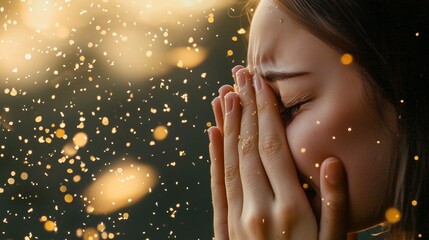 Person sneezing with pollen particles in the air, symbolizing allergy symptoms.
