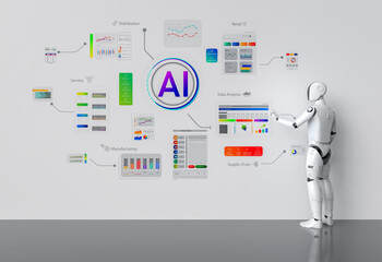 Ai technology with humanoid robot with hud graphic interface