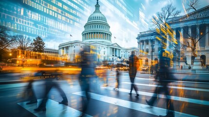 Blurred people and us capitol symbolize dynamic political shifts.