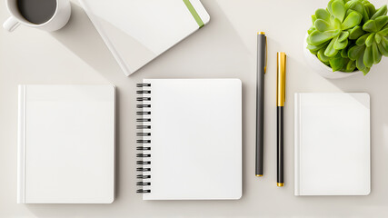 Flat lay of office supplies on white background with copy space. Notepad, diaries, pens, cup of coffee and houseplant on table, top view. Flat lay of business office supplies on desk.