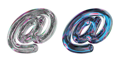 Email at logo letter symbol made of dispersion chromatic glass isolated over transparent background. 3d render illustration