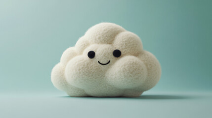 fluffy cloud plush with smiley face on pastel green background

