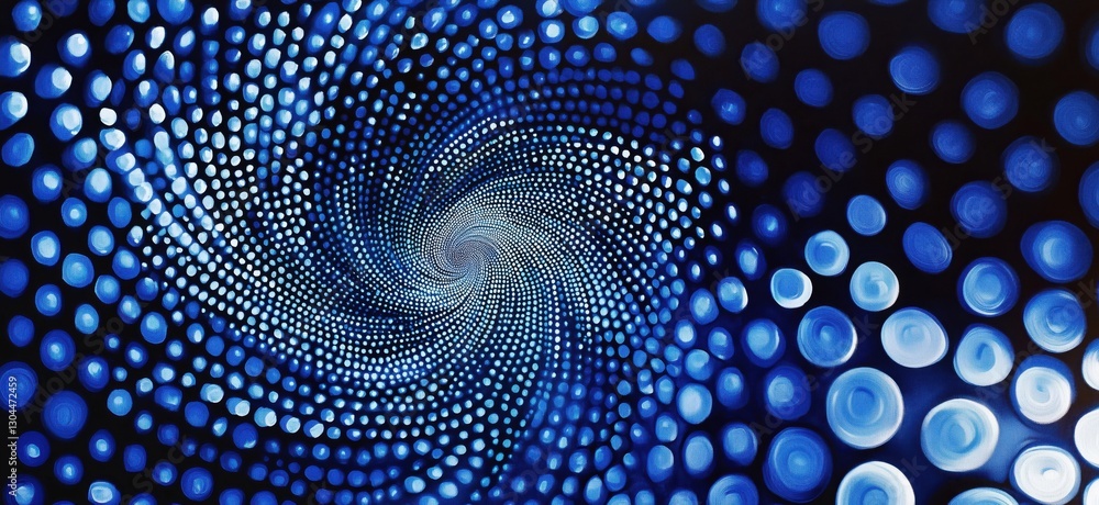 Poster abstract blue spiral pattern with circular dots creating a mesmerizing visual effect, copy space for