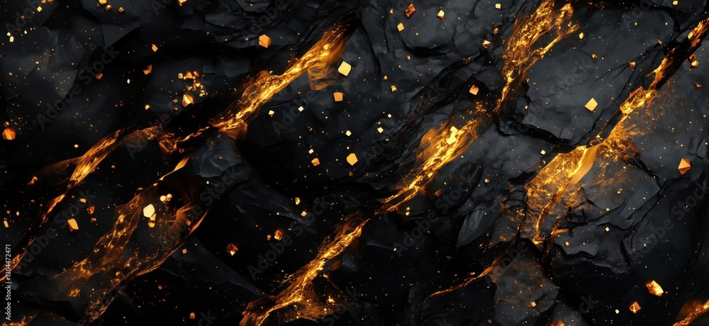 Poster abstract black and gold textured background with glowing elements and geometric shapes, copy space f
