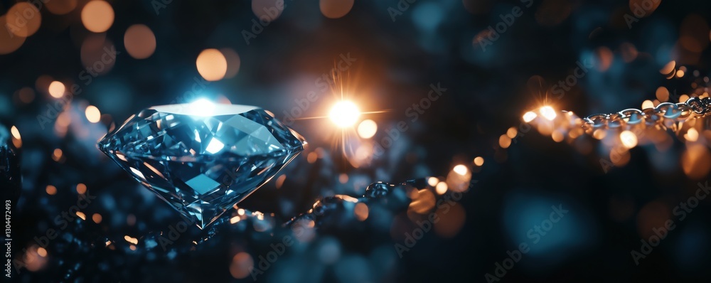 Poster stunning close-up of a sparkling diamond surrounded by shimmering bokeh lights, copy space for text