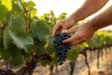 Fototapeta premium Hands carefully harvest ripe grapes from lush vineyard in warm s