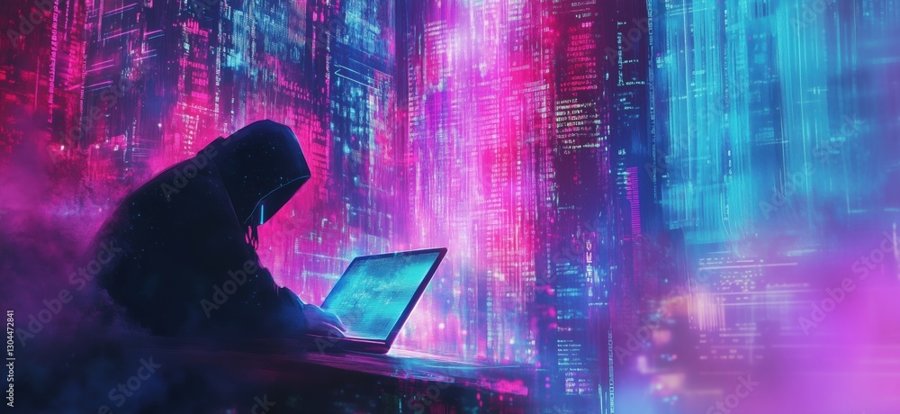 Poster hacker working on laptop in neon-lit digital environment with data streams, copy space for text