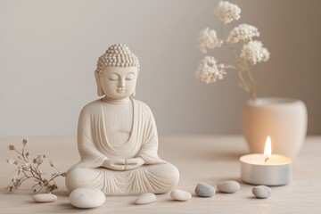 Calm scene featuring serene Buddha statue, soft candlelight, and
