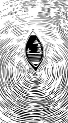 Rippling water effect created by a drop falling into a calm surface in a minimal linocut style illustration on a transparent background