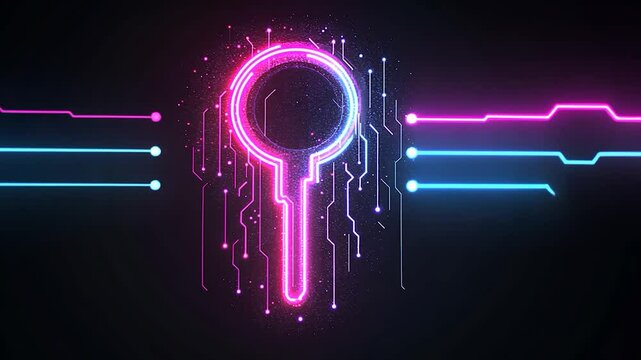 Futuristic digital key symbolizing cybersecurity with vibrant neon colors and circuit patterns