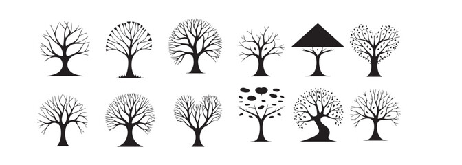 Abstract contour stylized tree, vector Decor Tree black silhouette clip art. Abstract tree icon isolated on white background. Tree silhouette symbo
