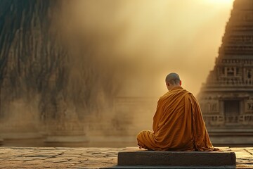 Meditative monk sits peacefully amidst ancient temples, golden l