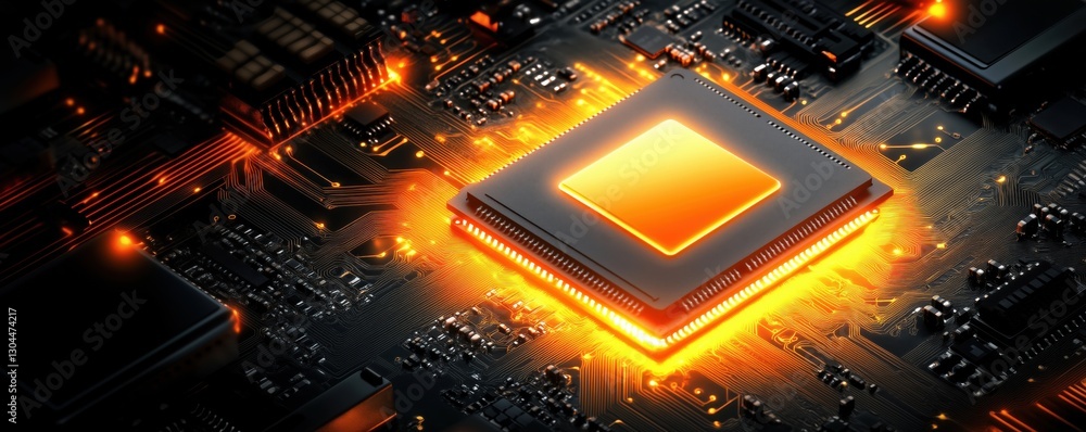 Poster glowing microprocessor on circuit board showcasing advanced technology and innovation, copy space fo