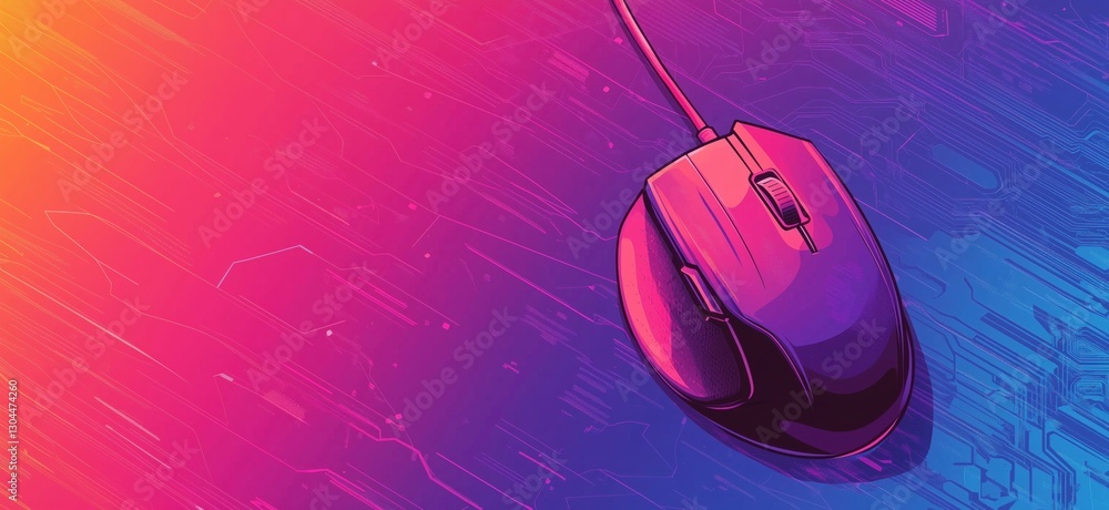 Poster gaming mouse on vibrant abstract background with digital circuit patterns, copy space for text