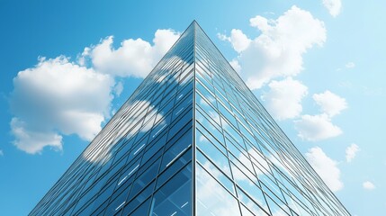 The illustration depicts a skyscraper with a building that serves as an office workplace and has blue windows, symbolizing finance in 3D