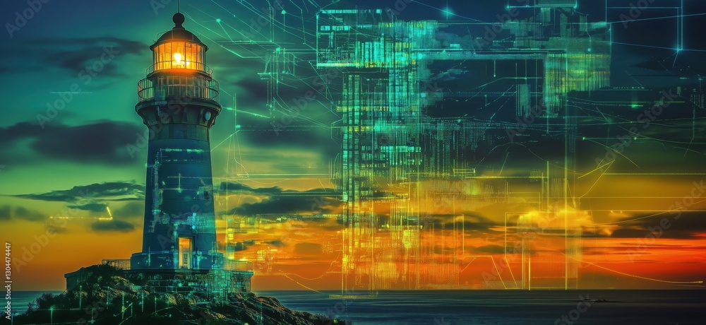 Poster lighthouse illuminated at sunset with digital overlay and futuristic elements, copy space for text