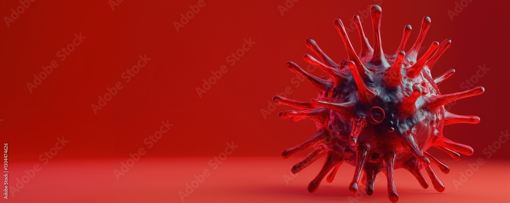 Poster 3d rendering of a virus model on red background showcasing intricate details and structure, copy spa