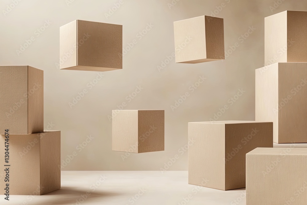 Poster floating geometric shapes create minimalist scene with soft shad