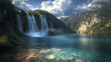 Serene Waterfall cascading into a Turquoise Lake in Mountainous Landscape