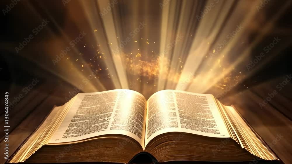 Poster an open book emits glowing light rays, symbolizing knowledge. shot from a low angle, creating a dram
