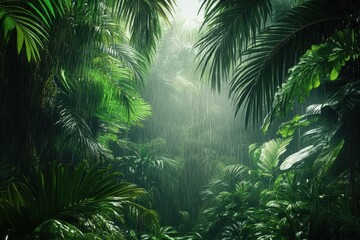 Lush Tropical Rainforest with Heavy Rain and Vibrant Green Foliage