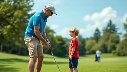 A father and son bonding over golf, with the father teaching the child how to swing the club on a practice green, capturing the joy of learning and family connection.
