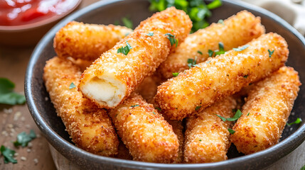 Golden mozzarella sticks with an extra spicy, crunchy coating, paired with a tangy dipping sauce for a perfect snack experience.