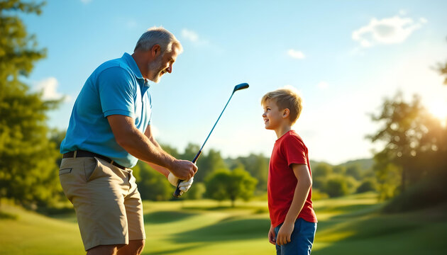 A father and son bonding over golf, with the father teaching the child how to swing the club on a practice green, capturing the joy of learning and family connection.
