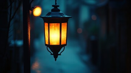 single lantern glowing softly on a quiet street at dusk minimal background distractions high-resolution perfect for evening scenes and nostalgic themes.
