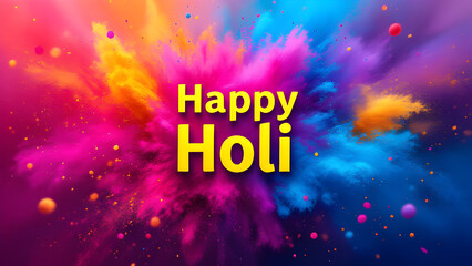 Happy Holi Celebration with Vibrant Colorful Powder Explosion on a Dark Background – Festive Typography Design for the Festival of Colors