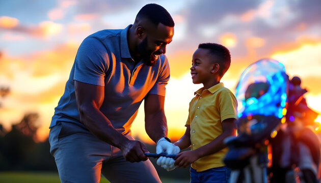 A father and son bonding over golf, with the father teaching the child how to swing the club on a practice green, capturing the joy of learning and family connection