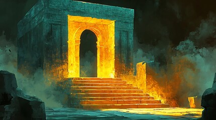Fototapeta premium Mysterious glowing portal ancient temple dramatic light. AI Generated