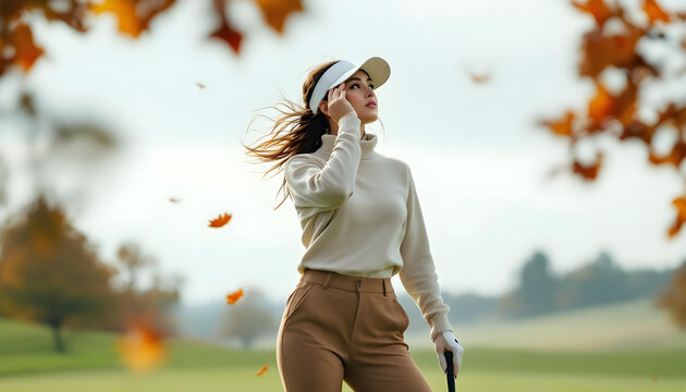 A female golfer in stylish sportswear, adjusting her visor while standing on a green with a golf club in hand, exuding confidence and elegance on the course