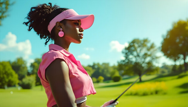 A female golfer in stylish sportswear, adjusting her visor while standing on a green with a golf club in hand, exuding confidence and elegance on the course - Powered by Adobe