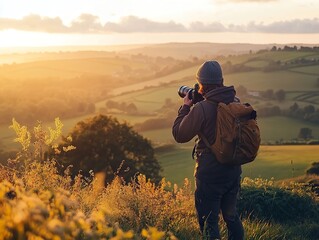 Photographer with a professional camera, capturing a moment in a scenic outdoor location
