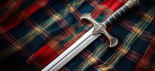 ornate sword resting on tartan fabric with intricate hilt design and polished blade, copy space for text